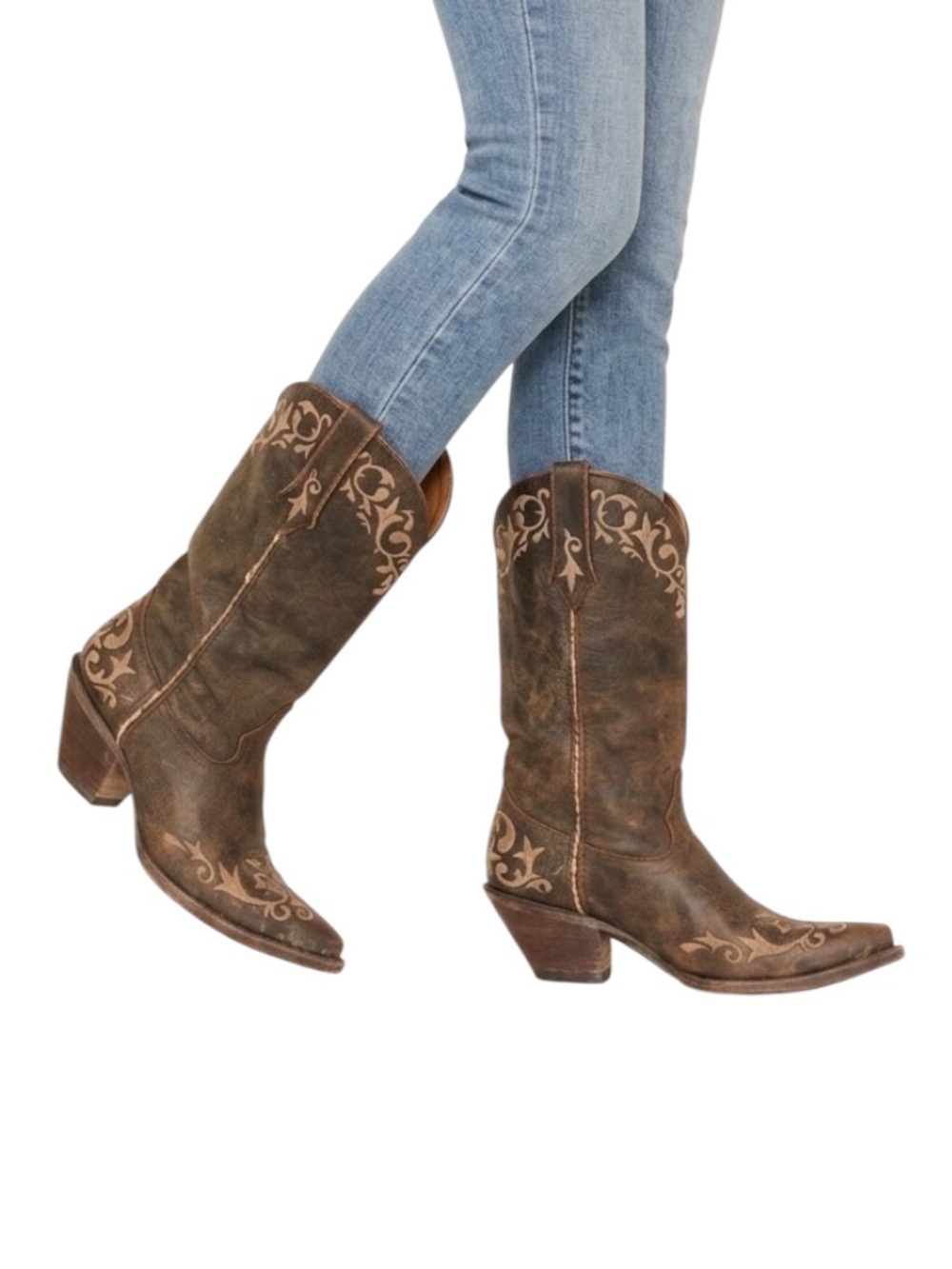 Durango Distressed Brown Leather Cowboy Boots Scrolling Embroidery Size 6